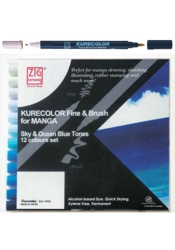 Zig Kurecolor Fine & Brush for MANGA Marker Çizim Kalemi Seti 12 Renk Sky & Ocean Blue Tones