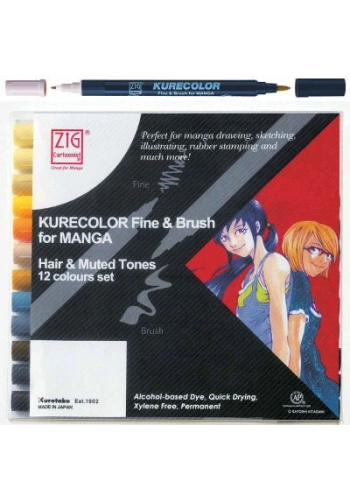 Zig Kurecolor Fine & Brush for MANGA Marker Çizim Kalemi Seti 12 Renk Hair & Muted Tones