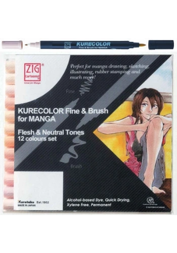 Zig Kurecolor Fine & Brush for MANGA Marker Çizim Kalemi Seti 12 Renk Flesh & Neutral Tones