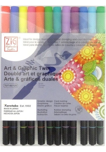 Zig Art & Graphic Twin Marker Brush Pen Çift Uçlu Çizim Kalemi Seti 12 Renk BRIGHT COLORS