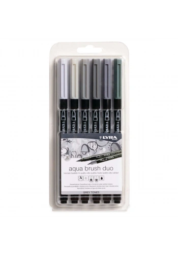 Lyra Aqua Brush Duo Çift Taraflı Fırça Uçlu Çizim Kalemi Seti 6 Renk GREY TONES
