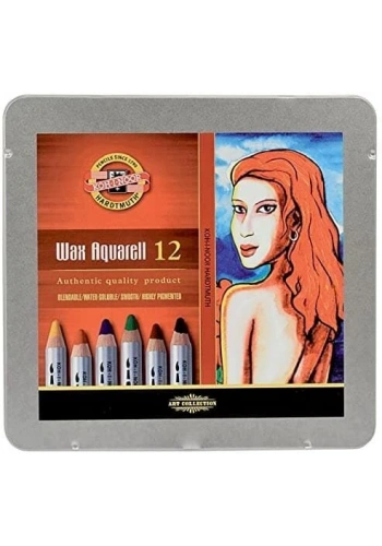 Koh-i Noor Wax Aquarell Balmumu Kalın Boya Kalemi Seti 12 Renk Metal Kutu
