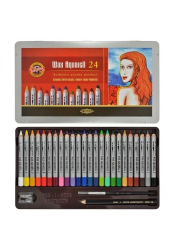 Koh-i Noor Wax Aquarell Balmumu Kalın Boya Kalemi Seti 24 Renk Metal Kutu