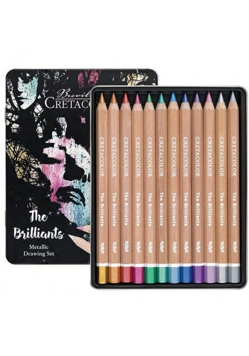 Cretacolor Mega Color Brilliants Metalik Jumbo Kalın Kuru Boya Kalemi Seti 12 Renk Metal Kutu