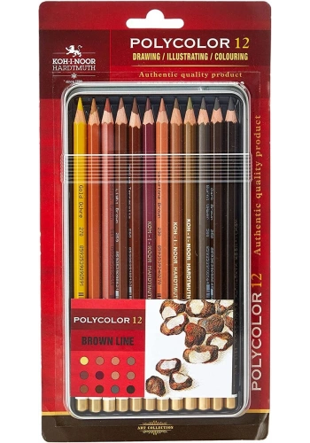 Koh-i Noor Polycolor Artist Kuru Boya Kalemi Seti 12 Renk KAHVERENGİ TONLAR Metal Kutu