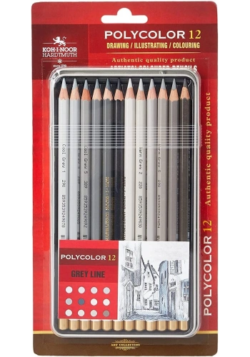 Koh-i Noor Polycolor Artist Kuru Boya Kalemi Seti 12 Renk GRİ TONLAR Metal Kutu