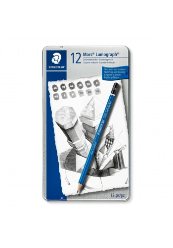 Staedtler Mars Lumograph Dereceli Kalem Karakalem Eskiz Çizim Seti 12li Metal Kutu (6B-4H)