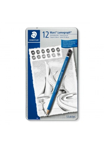 Staedtler Mars Lumograph Dereceli Kalem Karakalem Eskiz Çizim Seti 12li Metal Kutu (8B-2H)