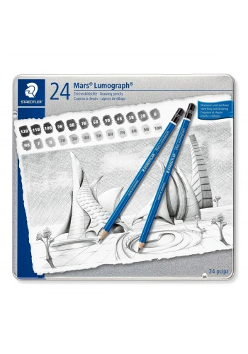 Staedtler Mars Lumograph Dereceli Kalem Karakalem Eskiz Çizim Seti 20li Metal Kutu (9B-9H)