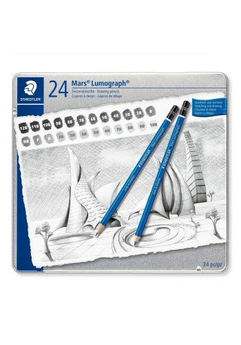Staedtler Mars Lumograph Dereceli Kalem Karakalem Eskiz Çizim Seti 24lü Metal Kutu (12B-10H)