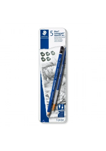 Staedtler Mars Lumograph Aquarell Dereceli Kalem Karakalem Eskiz Çizim Seti 5li + Fırça Metal Kutu
