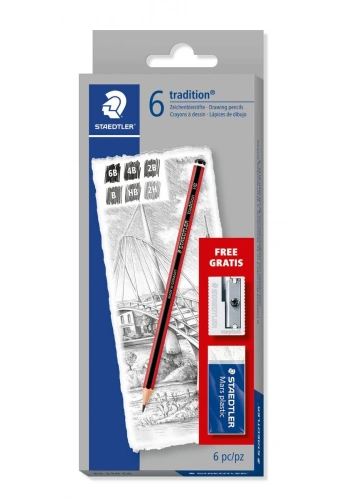 Staedtler Tradition Dereceli Kalem Karakalem Eskiz Çizim Seti 6 Kalem + Silgi + Kalemtraş