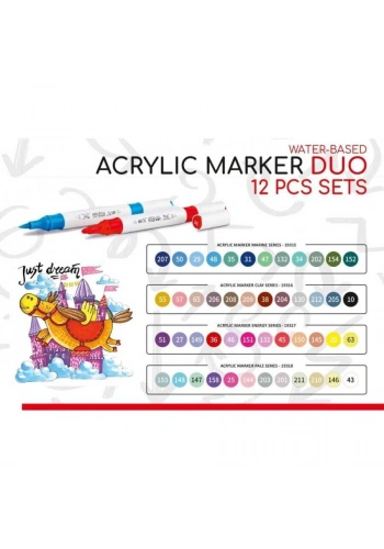Rich Art-X Acrylic Duo Marker Çift Uçlu Su Bazlı Akrilik Boyama Markörü Seti 12 Renk Marine Series