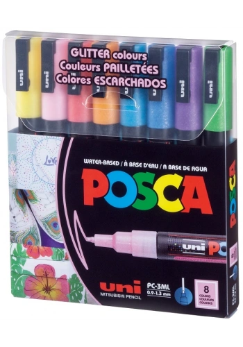Uni Posca PC-3M 0.9-1.3 Su Bazlı Boyama Markörü Seti Simli Renkler 8 RENK