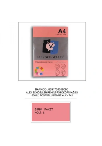 Alex Schoeller Renkli Fotokopi Kağıdı 500 LÜ A4 75 GR Fosforlu Pembe ALX-742