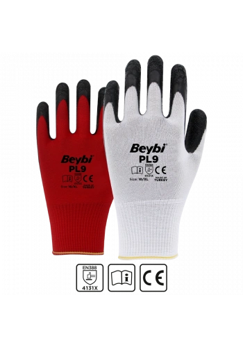 Beybi PL9 Desenli Lateks Kaplı Örgü Polyester Eldiven Kırmızı No 9