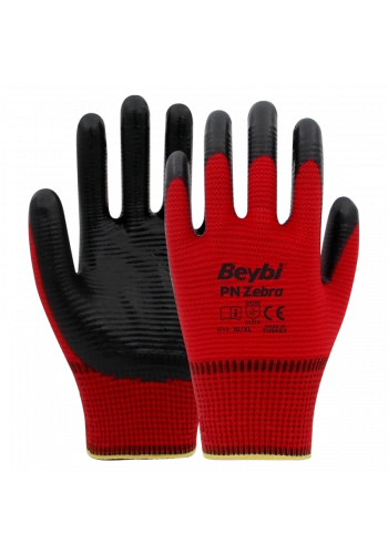 Beybi PN Zebra Yarı Nitril Kaplı Örgü Polyester Eldiven Siyah/Kırmızı No 9