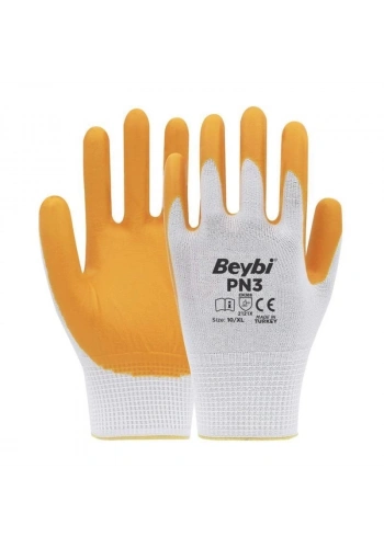 Beybi PN3 Polyester Astarlı Örme Nitril Kaplı Eldiven Beyaz-Sarı No 09