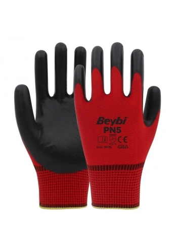 Beybi PN5 Polyester Örme Nitril Eldiven Kırmızı-Siyah No 9