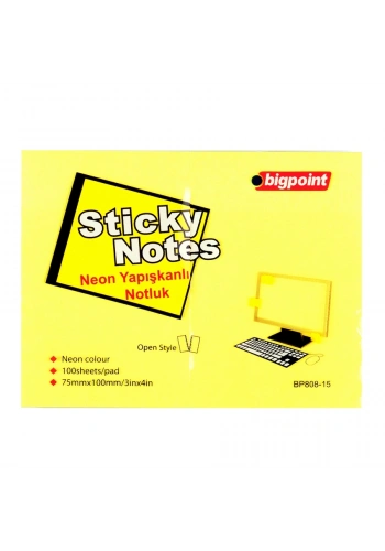 Bigpoint Yapışkanlı Not Kağıdı 75x100mm Neon Sarı