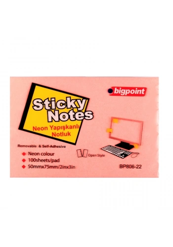 Bigpoint Yapışkanlı Not Kağıdı 75x50mm Neon Pembe