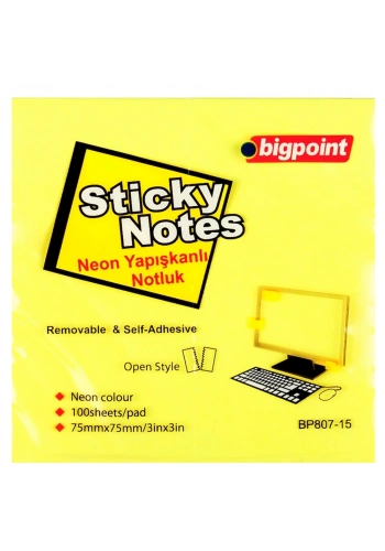 Bigpoint Yapışkanlı Not Kağıdı 75x75 Neon Sarı BP807-15
