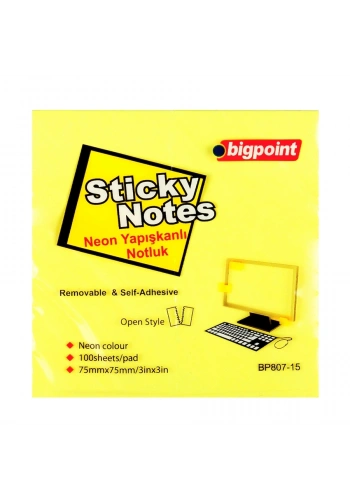 Bigpoint Yapışkanlı Not Kağıdı 75x75mm Neon Sarı