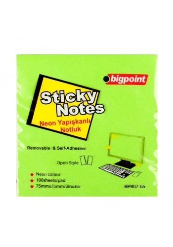 Bigpoint Yapışkanlı Not Kağıdı 75x75mm Neon Yeşil