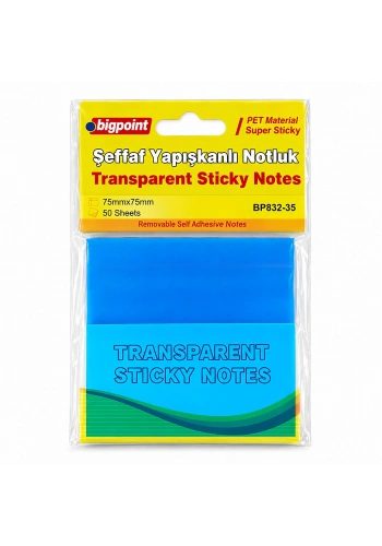 Bigpoint Yapışkanlı Şeffaf Not Kağıdı 75x75mm Mavi