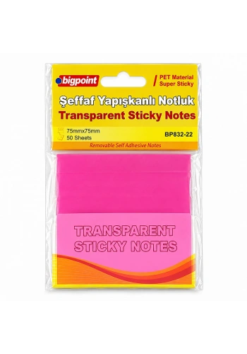Bigpoint Yapışkanlı Şeffaf Not Kağıdı 75x75mm Pembe