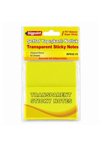 Bigpoint Yapışkanlı Şeffaf Not Kağıdı 75x75mm Sarı