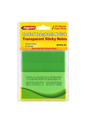 Bigpoint Yapışkanlı Şeffaf Not Kağıdı 75x75mm Yeşil