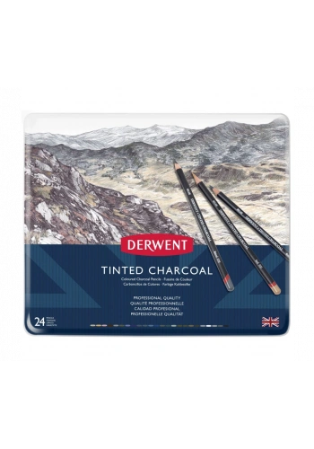 Derwent Tinted Charcoal Mürekkep Bazlı Kömür Kalem Seti Metal Kutu 24 Renk