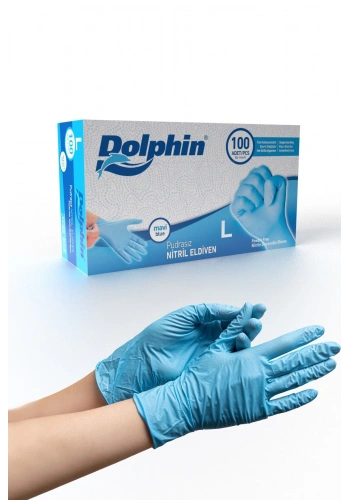 Dolphin Mavi Nitril Eldiven Pudrasız L (1 Paket/100 Adet)