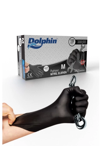 Dolphin Siyah Nitril Eldiven Pudrasız Ekstra Kalın M (1 Paket/100 Adet)