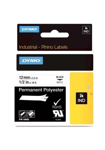 Dymo Rhino Pro Etiketi Plastik Sabit 12 MMx5.5 MT Beyaz Üzerine Siyah 18483
