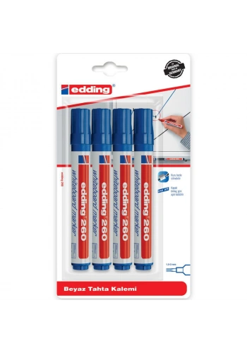 Edding 260 Whiteboard Marker Yazı Tahtası Kalemi Seti 4lü Mavi