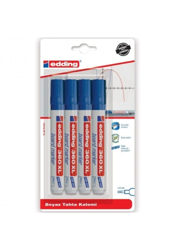 Edding 360 XL Whiteboard Marker Doldurulabilir Yazı Tahtası Kalemi Seti 4lü Mavi
