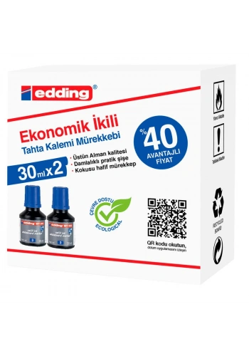 Edding BT30 Yazı Tahtası Kalemi Mürekkebi 30 ml. x 2li Kutu MAVİ