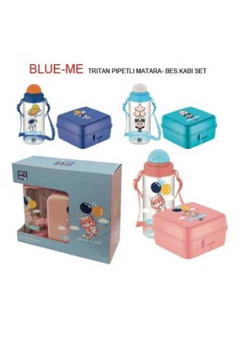 Gıpta Matara Mavi-Me Tritan Pipetli Desenli Bes.Kabı Set