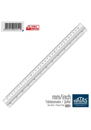 Hatas Tribldesimetre Şeffaf Üçgen Santimetre-İnch Ölçekli Cetvel 30cm 12inch