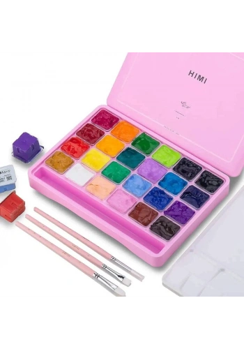HIMI Jelly Cup Gouache Set Guaj Boya Seti 24 Renk x 30 gr. + 3 Fırça (Pink Case)