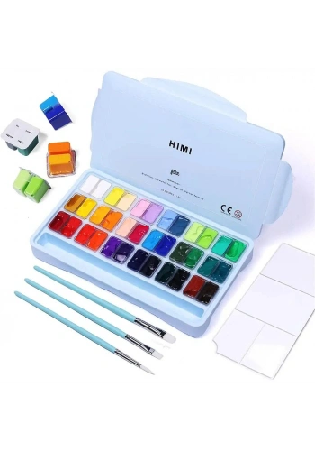 HIMI Twin Cup Gouache Set Guaj Boya Seti 36 Renk x 12 gr. + 3 Fırça (Ice Blue Case)