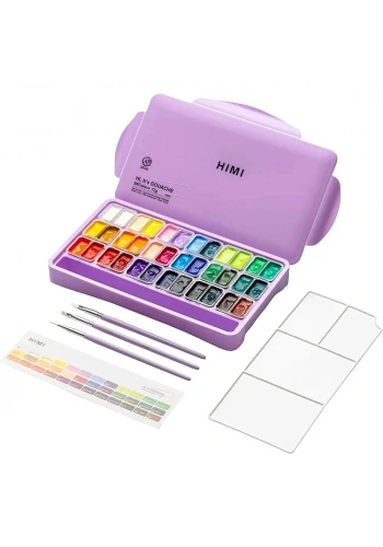 HIMI Twin Cup Gouache Set Guaj Boya Seti 36 Renk x 12 gr. + 3 Fırça (Purple Case)