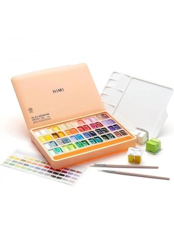 HIMI Twin Cup Gouache Set Guaj Boya Seti 48 Renk x 12 gr. + 3 Fırça (Peach Fuzz Case)