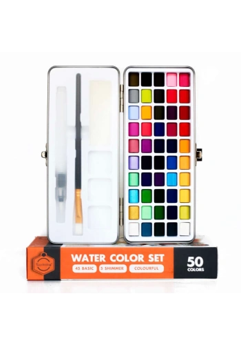 Hobi Market Art Tablet Sulu Boya Seti 50 Renk Metal Kutu +2 Fırça Hediyeli