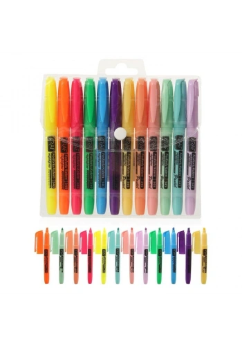 Kraf Fosforlu İşaretleme Kalemi Seti Cep Tipi 12 Renk (6 Pastel + 6 Neon)