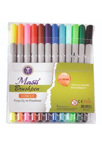 Masis Brushpen Çift Uçlu Fırça Uç + Fineliner Kalem Seti 12 Renk