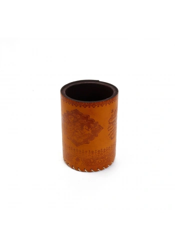 Suni Deri El Yapımı Masaüstü Yuvarlak Kalemlik Açık Kahve