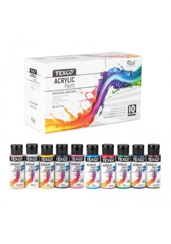 Texco Akrilik Boya Seti 10 Renk x 60 ml. Ana Renkler
